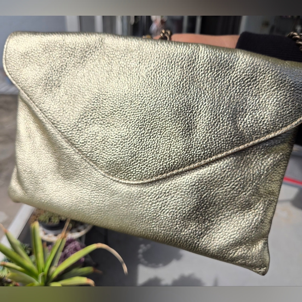 J.Crew Gold Pebble Grain Leather Flap Envelope Clutch - Picture 10 of 10